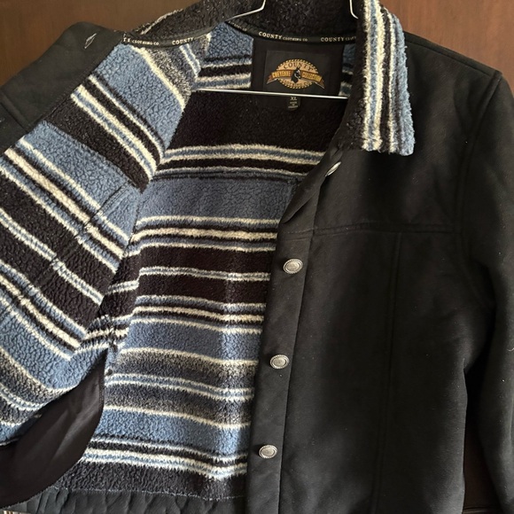 County Clothing Co Black Faux Suede Jacket Blue Stripe Sherpa Lining XL - Picture 5 of 6